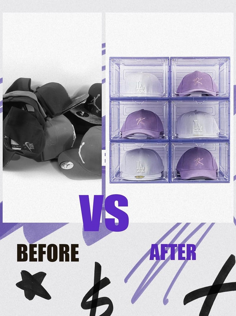 SCAVATA 6 Pack Hat Organizer Box, Stackable Clear Baseball Caps Holder Box Containers with Magnetic Door for Hats Snapback Cap Storag, Hat Rack Display Case, Holds 8 Hats Each (Purple) - Image 4
